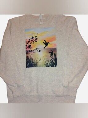 Lane Seven Hummingbird Sunset Graphic Crewneck Sweatshirt Ash Gray Medium